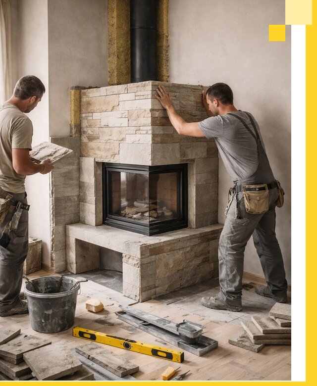 Угловые камины под ключ проект, монтаж и отделка в Костомукше