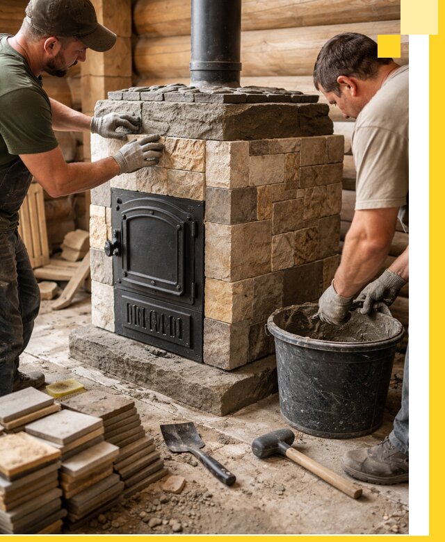 Облицовка банной печи под ключ в Костомукше: камень и плитка