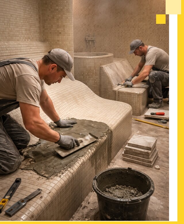 Лежаки для хамама под ключ в Костомукше, проект и монтаж